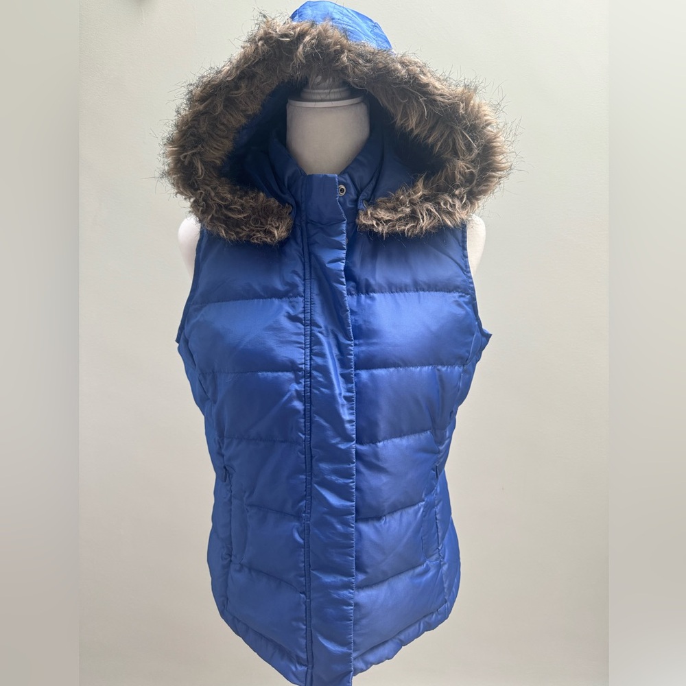 Talbots Blue Vest with Faux Fur Hood
